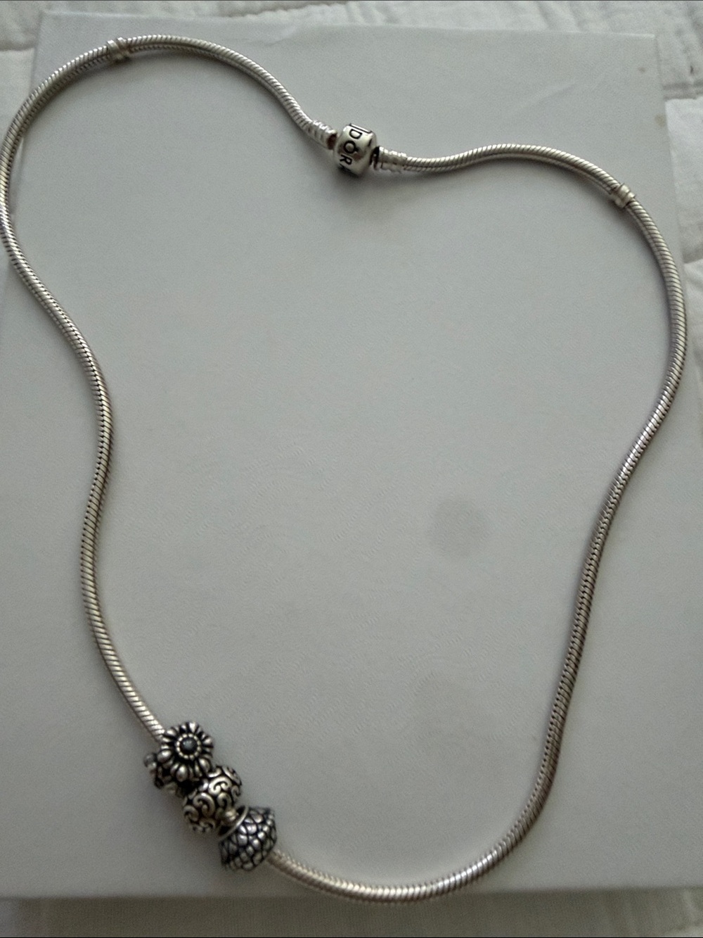 Pandora Silver Snake Chain Necklace with Floral and Filigree Charms